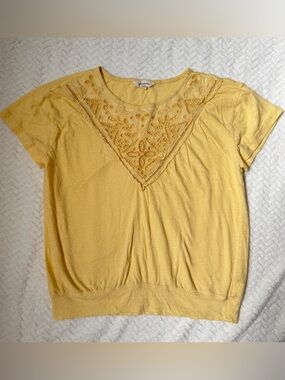 Lucky Brand Mustard Yellow Crochet V-Yoke Short Sleeve Tee